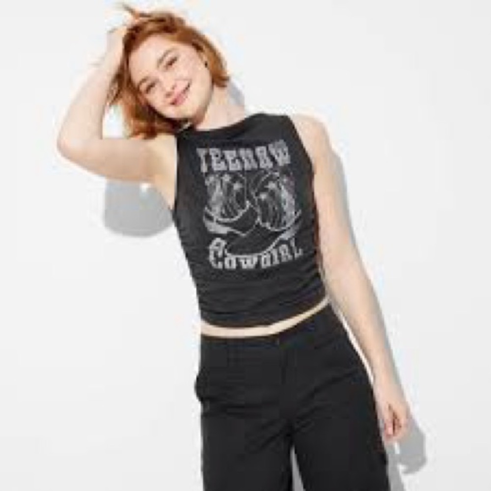 Wild Fable Women's Ruched Graphic Yeehaw Cowgirl Tank Top Hematite L